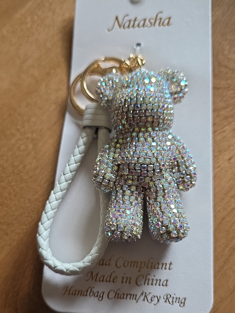 Viral Natasha Sparkling Rhinestones Bear Bag Charm/Key Ring with White Strap - Picture 2 of 6